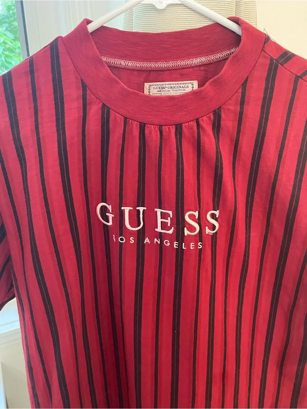 Guess Red and Black Striped Logo T-Shirt - Picture 2 of 4